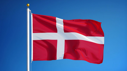 Denmark flag waving against clean blue sky, close up, isolated with clipping path mask alpha channel transparency