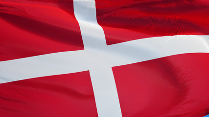 Fototapeta premium Denmark flag waving against clean blue sky, close up, isolated with clipping path mask alpha channel transparency