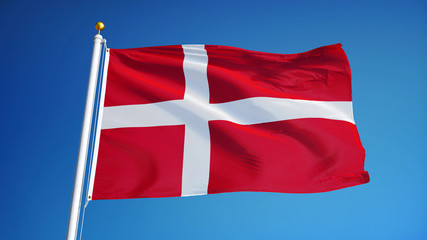 Denmark flag waving against clean blue sky, close up, isolated with clipping path mask alpha channel transparency