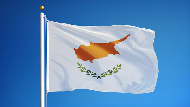 Cyprus flag waving against clean blue sky, close up, isolated with clipping path mask alpha channel transparency
