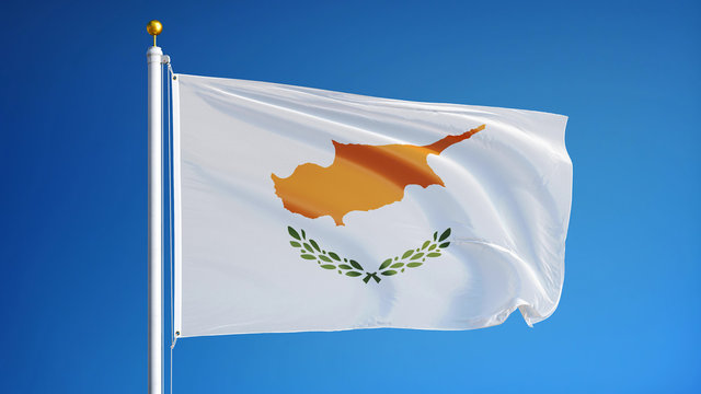 Cyprus flag waving against clean blue sky, close up, isolated with clipping path mask alpha channel transparency