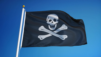 Fototapeta premium Pirate flag waving against clean blue sky, close up, isolated with clipping path mask alpha channel transparency