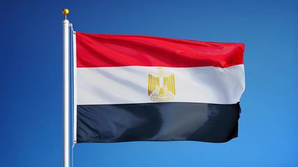 Fototapeta na wymiar Egypt flag waving against clean blue sky, close up, isolated with clipping path mask alpha channel transparency