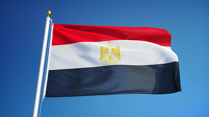 Naklejka na ściany i meble Egypt flag waving against clean blue sky, close up, isolated with clipping path mask alpha channel transparency