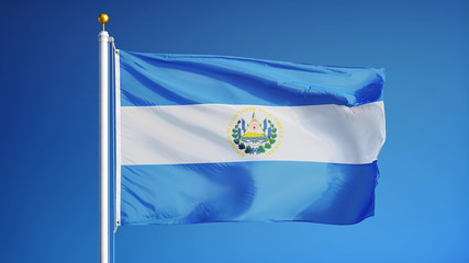 El Salvador flag waving against clean blue sky, close up, isolated with clipping path mask alpha...