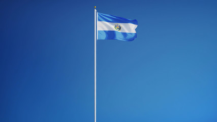 El Salvador flag waving against clean blue sky, long shot, isolated with clipping path mask alpha channel transparency