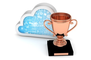 Isoalted bronze cup with cloud on white background. Concept of cloud storage competition. Leader cloud drive. Best storage contest. 3D rendering.