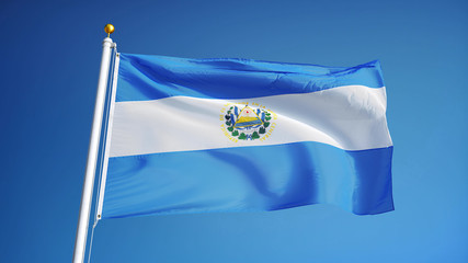 El Salvador flag waving against clean blue sky, close up, isolated with clipping path mask alpha channel transparency
