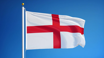 Obraz premium England flag waving against clean blue sky, close up, isolated with clipping path mask alpha channel transparency