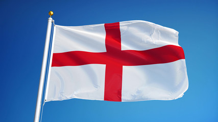 England flag waving against clean blue sky, close up, isolated with clipping path mask alpha channel transparency