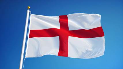England flag waving against clean blue sky, close up, isolated with clipping path mask alpha...