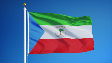 Equatorial Guinea flag waving against clean blue sky, close up, isolated with clipping path mask alpha channel transparency