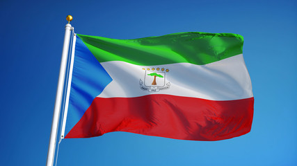 Equatorial Guinea flag waving against clean blue sky, close up, isolated with clipping path mask alpha channel transparency