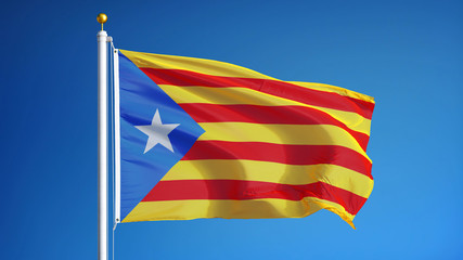 Estelada blava flag waving against clean blue sky, close up, isolated with clipping path mask alpha channel transparency