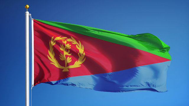 Eritrea flag waving against clean blue sky, long shot, isolated with clipping path mask alpha channel transparency