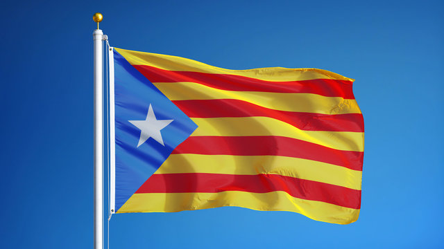 Estelada blava flag waving against clean blue sky, close up, isolated with clipping path mask alpha channel transparency