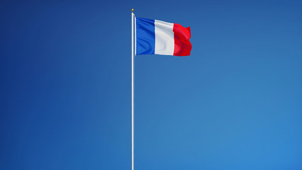 France flag waving against clean blue sky, long shot, isolated with clipping path mask alpha channel transparency