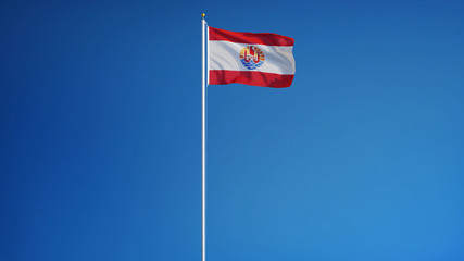 French Polynesia flag waving against clean blue sky, long shot, isolated with clipping path mask alpha channel transparency