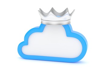 Isolated blue cloud icon with silver crown on white background. Symbol of communication, network and technology. Broadband. Online database. 3D rendering.