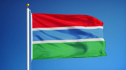 The Gambia flag waving against clean blue sky, close up, isolated with clipping path mask alpha channel transparency