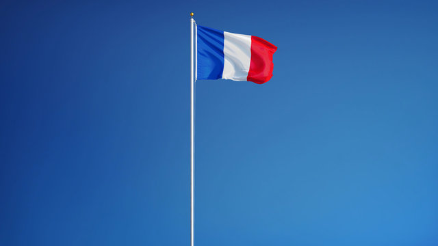 France flag waving against clean blue sky, long shot, isolated with clipping path mask alpha channel transparency