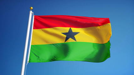 Ghana flag waving against clean blue sky, close up, isolated with clipping path mask alpha channel transparency