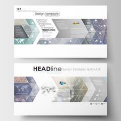 Business templates in HD size for presentation slides. Easy editable abstract layouts in flat design. DNA molecule structure on blue background. Scientific research, medical technology.