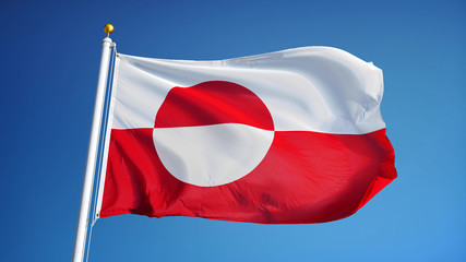Greenland flag waving against clean blue sky, close up, isolated with clipping path mask alpha channel transparency © railwayfx