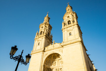 Logrono cathedral against of blue sky with street lamp
