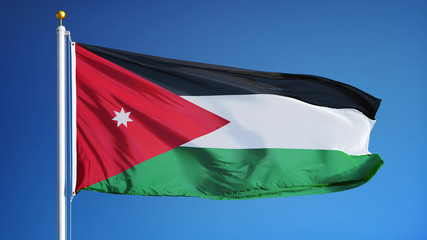 Jordan flag waving against clean blue sky, close up, isolated with clipping path mask alpha channel transparency