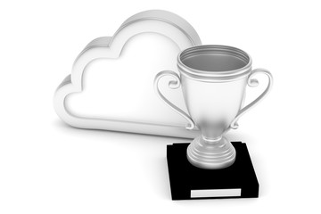 Isoalted silver cup with cloud on white background.  Concept of cloud storage competition. Leader cloud drive. Best storage contest. 3D rendering.