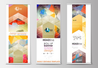 Set of roll up banner stands, flat templates, geometric style, modern business concept, corporate vertical flyers. Abstract colorful triangle design vector background with polygonal molecules.