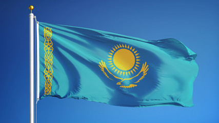 Kazakhstan flag waving against clean blue sky, close up, isolated with clipping path mask alpha...