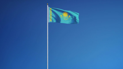 Kazakhstan flag waving against clean blue sky, long shot, isolated with clipping path mask alpha channel transparency