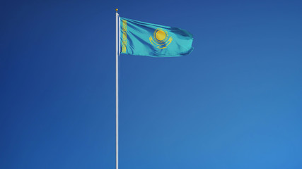 Kazakhstan flag waving against clean blue sky, long shot, isolated with clipping path mask alpha channel transparency