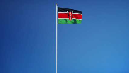 Kenya flag waving against clean blue sky, long shot, isolated with clipping path mask alpha channel transparency