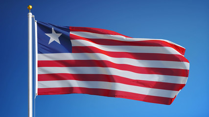 Liberia flag waving against clean blue sky, close up, isolated with clipping path mask alpha channel transparency