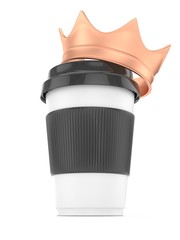 Coffee cup with bronze crown on white background. Concept of luxury royal coffee. 3D rendering.