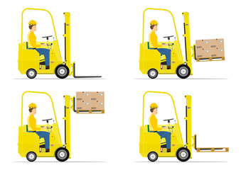 Set of cartoon forklift on a white background. Flat vector