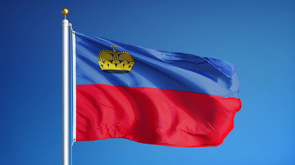 Liechtenstein flag waving against clean blue sky, close up, isolated with clipping path mask alpha channel transparency