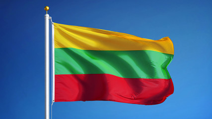 Fototapeta na wymiar Lithuania flag waving against clean blue sky, close up, isolated with clipping path mask alpha channel transparency
