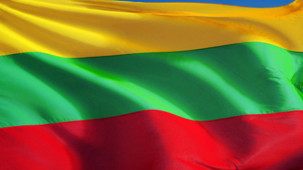 Lithuania flag waving against clean blue sky, close up, isolated with clipping path mask alpha channel transparency