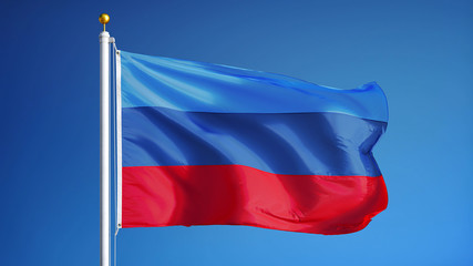 Luhansk People's Republic flag waving against clean blue sky, close up, isolated with clipping path mask alpha channel transparency