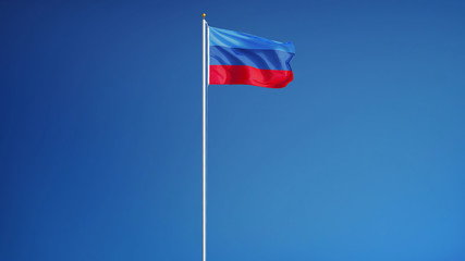 Luhansk People's Republic flag waving against clean blue sky, long shot, isolated with clipping path mask alpha channel transparency