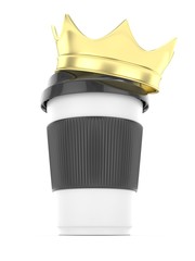 Coffee cup with golden crown on white background. Concept of luxury royal coffee. 3D rendering.