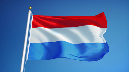 Fototapeta na wymiar Luxembourg flag waving against clean blue sky, close up, isolated with clipping path mask alpha channel transparency