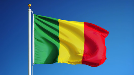 Mali flag waving against clean blue sky, close up, isolated with clipping path mask alpha channel...