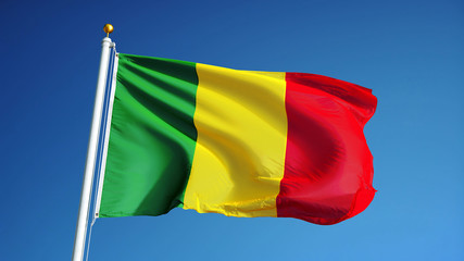 Mali flag waving against clean blue sky, close up, isolated with clipping path mask alpha channel transparency