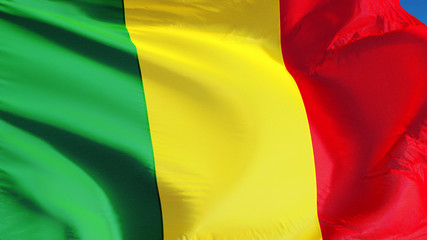 Mali flag waving against clean blue sky, close up, isolated with clipping path mask alpha channel transparency