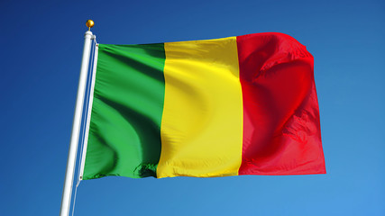 Mali flag waving against clean blue sky, close up, isolated with clipping path mask alpha channel transparency